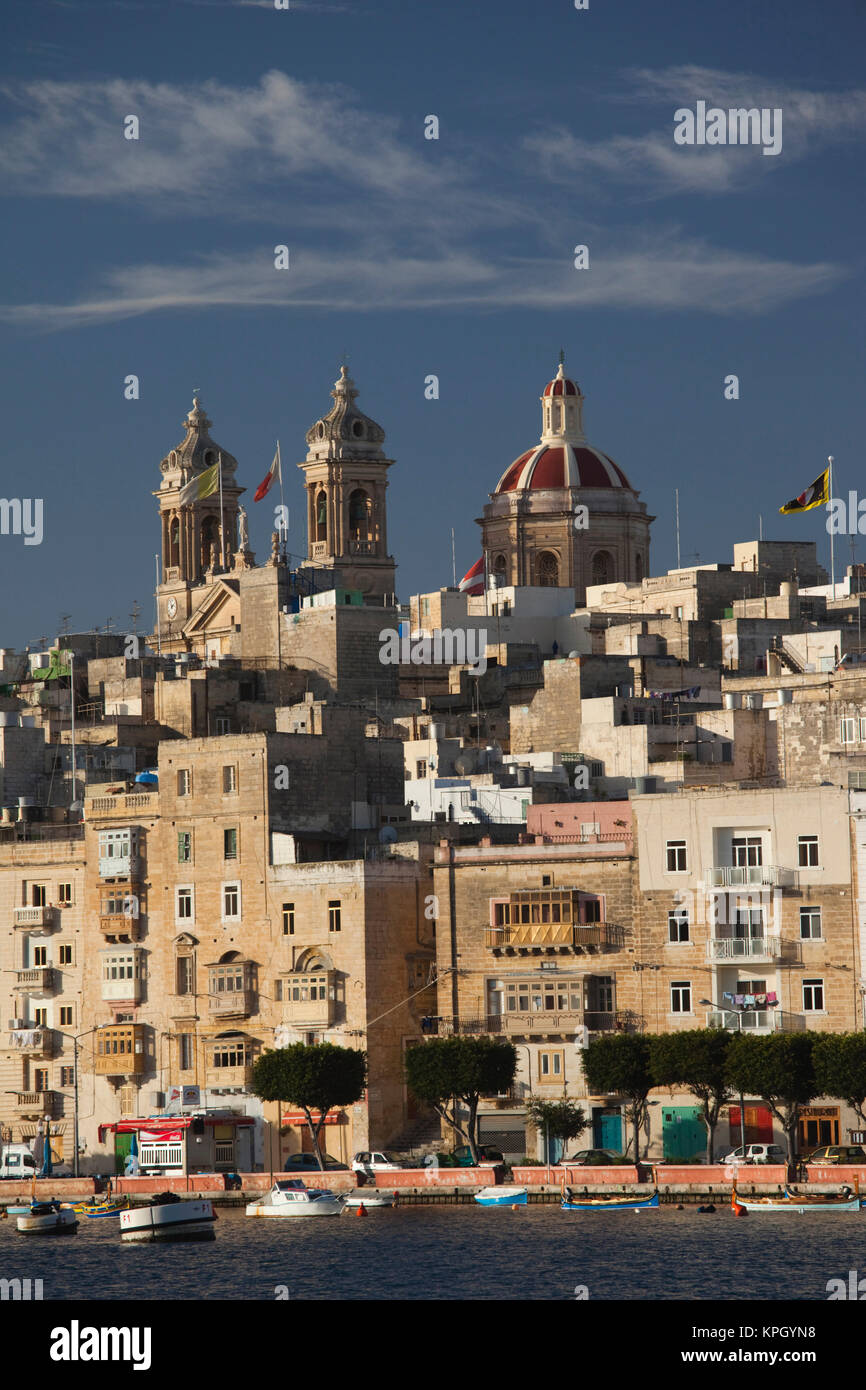 Malta, La Valletta, Senglea, L-Isla, città e porto dalla Vittoriosa, Birgu, mattina Foto Stock