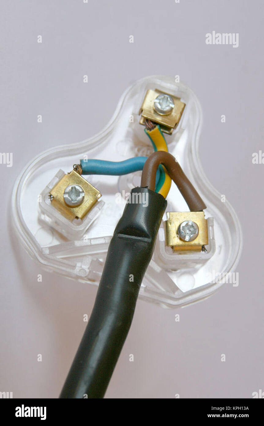 Close-up di un elettrico aperto spina a 3 pin che mostra il corretto cablaggio, Sud Africa Foto Stock