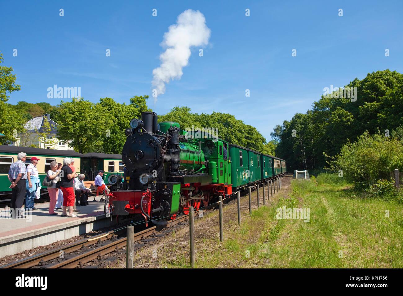 Il vecchio treno a vapore denominato 'Rasender Roland' a Binz trail stazione, attrazione sull isola di Ruegen, Meclemburgo-Pomerania, Mar Baltico, Germania Foto Stock