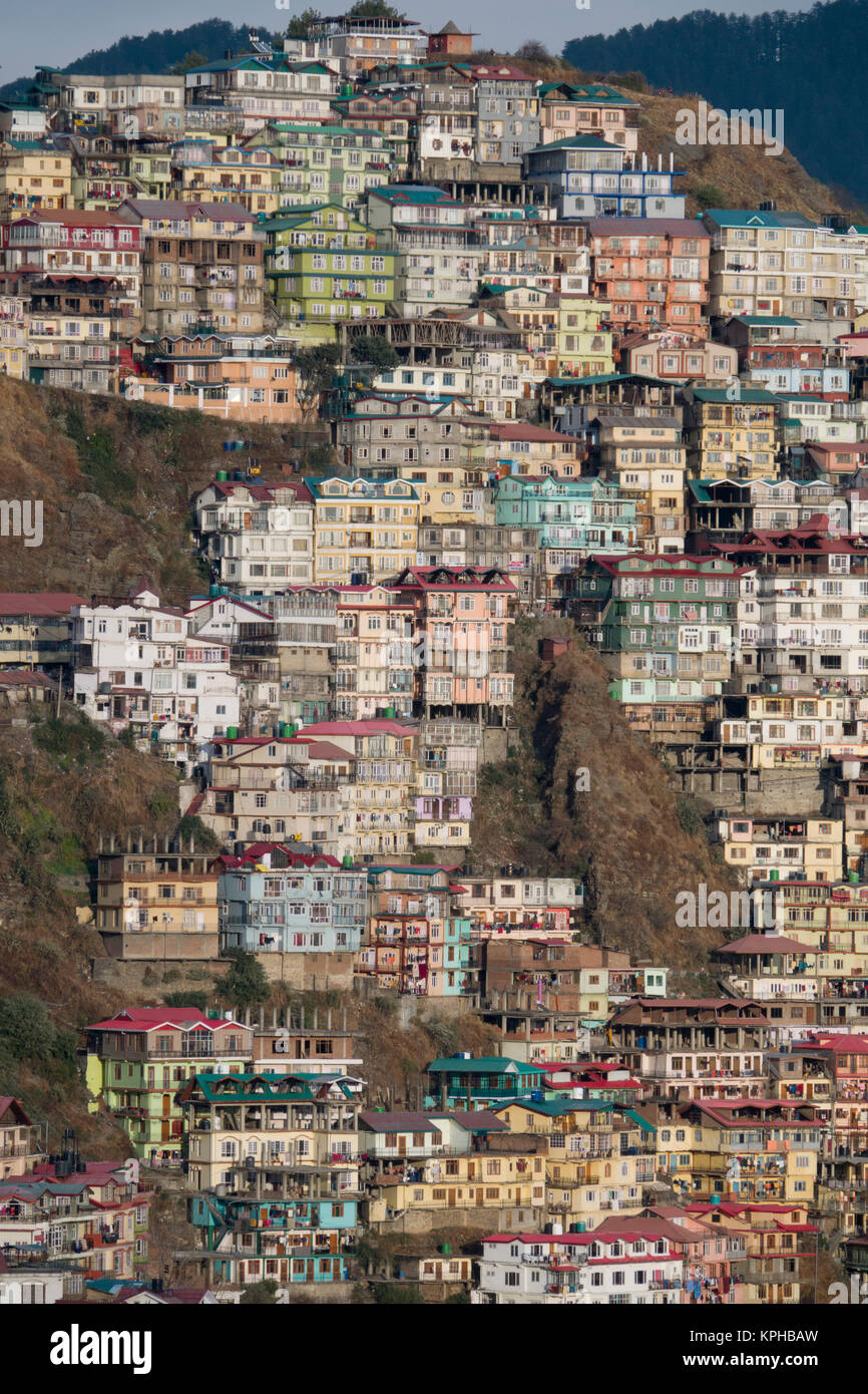 Case residenziali coprire un gradiente ripido pendio in Sanjauli in Shimla, India Foto Stock