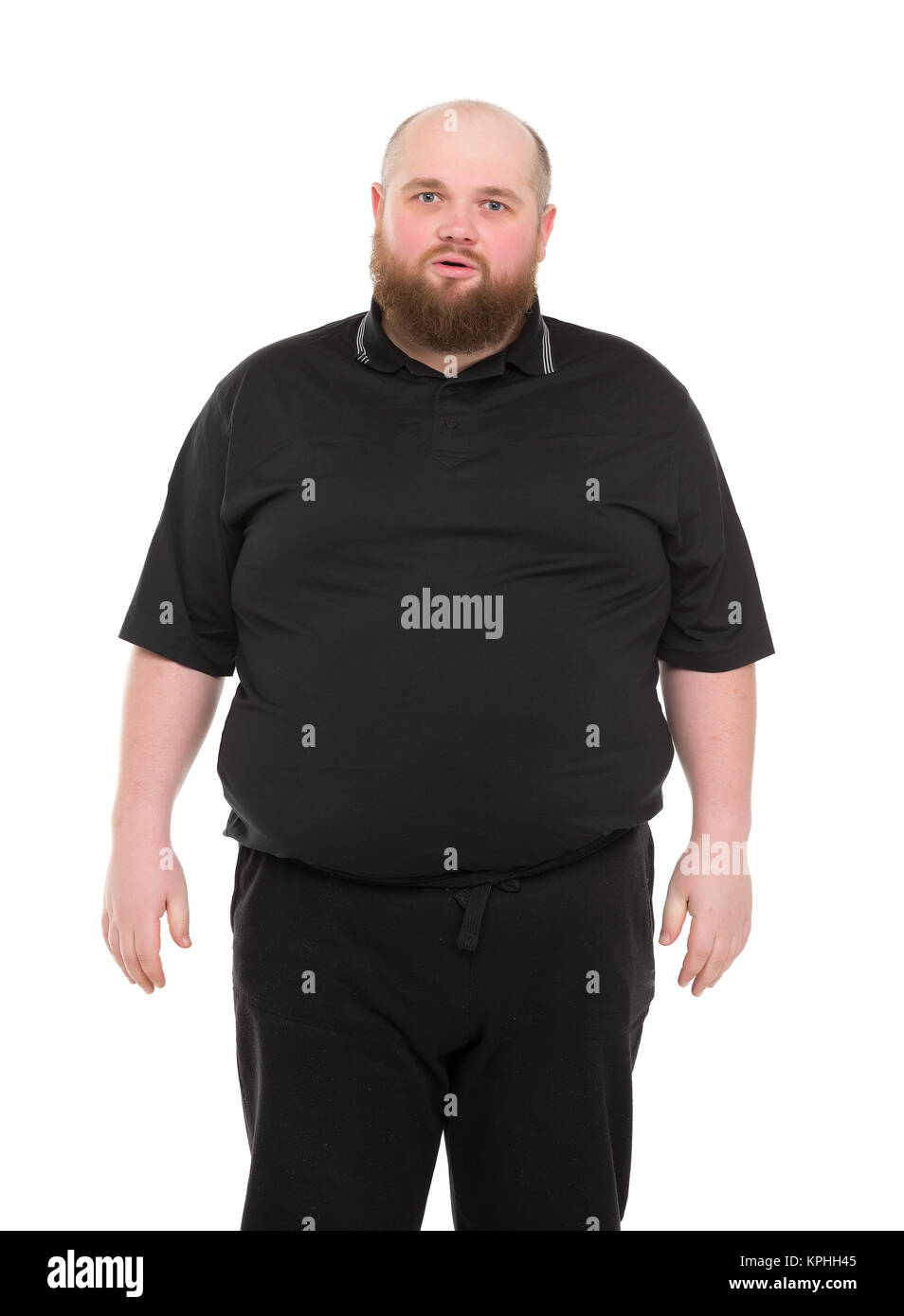 Barbuto uomo grasso in una camicia nera Foto Stock