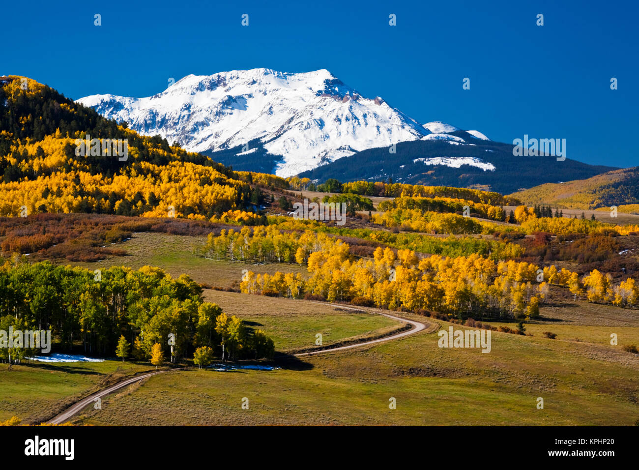 Stati Uniti d'America, Colorado, ultimo dollaro strada che conduce a Mt. Wilson con Colore di autunno Foto Stock
