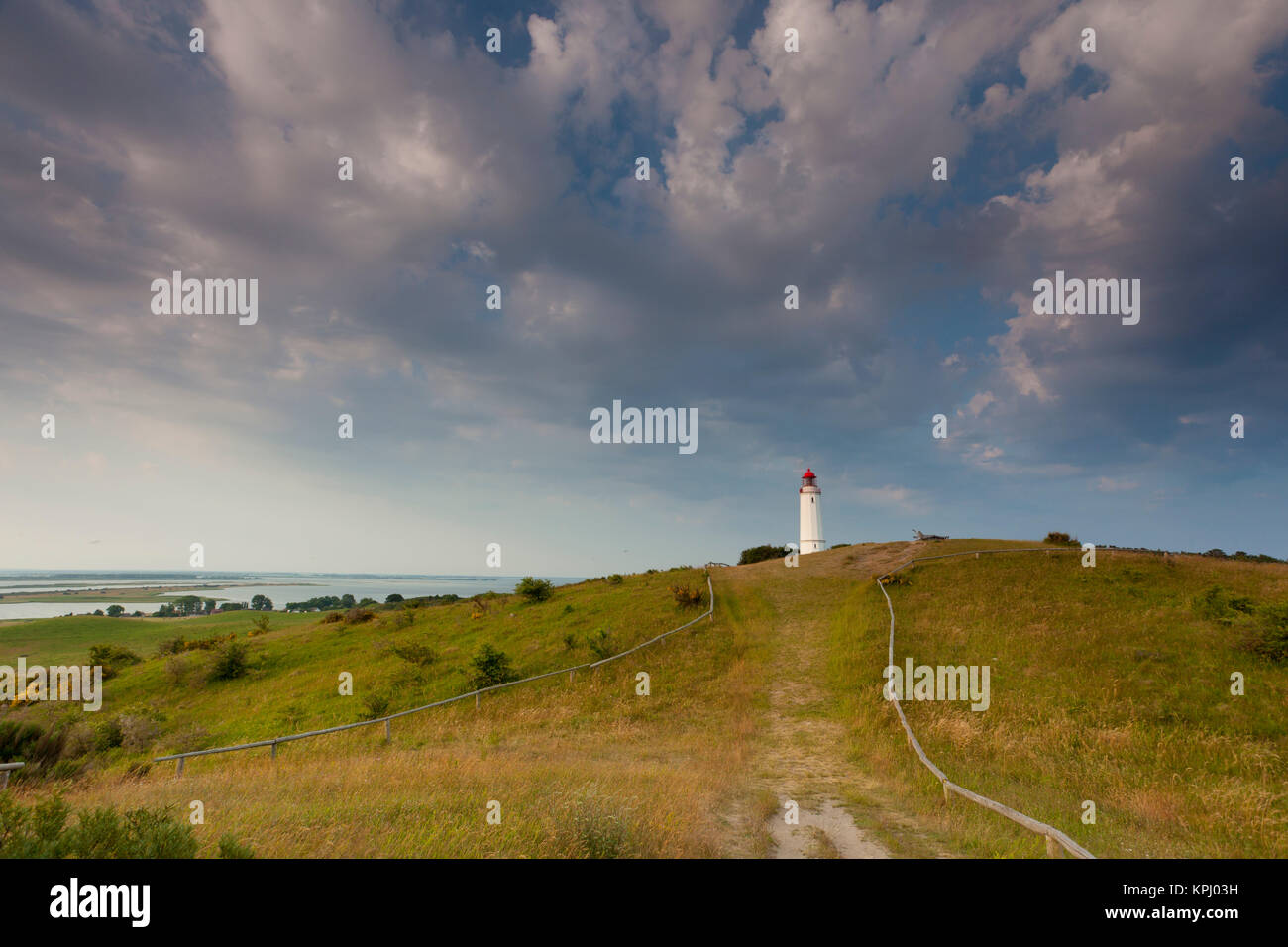 Sonnenaufgang über dem Meer,Blick Richtung Bodden,warmes Licht über dem Meer, erstes Licht am Tage,Mohnblüten Foto Stock