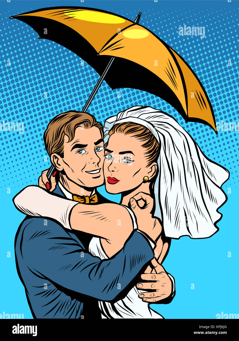 Matura in amore sposa e lo sposo sotto un ombrello Foto Stock