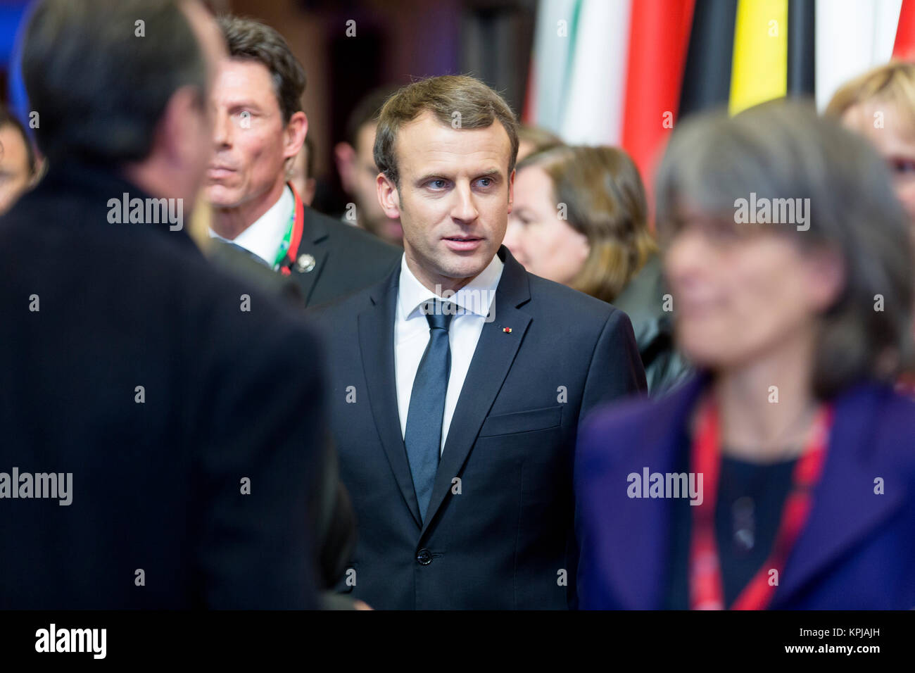 Bruxelles, Belgio. 15 Dic, 2017. Dicembre 15, 2017 - Bruxelles, Belgio: Cancelliere tedesco (invisibile) e il presidente francese Emmanuel Macron indirizzo una conferenza stampa presso un vertice UE. Credito: Andia/Alamy Live News Foto Stock