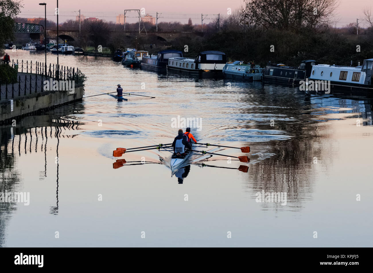 Rowers sul fiume Lea di mattina presto, Londra, Inghilterra, Regno Unito, Regno Unito Foto Stock Rowers sul fiume Lea di mattina presto, Londra, Inghilterra, Regno Unito, Regno Unito Foto Stock
