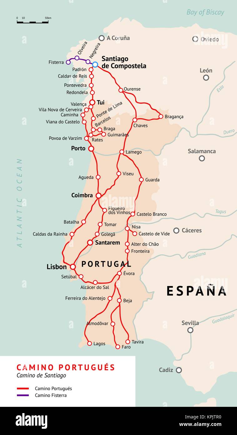 Camino Portugués mappa. Camino de Santiago o il modo di San Giacomo. Antico percorso di pellegrinaggio dal sud del Portogallo per il Cammino di Santiago de Compostela. Illustrazione Vettoriale