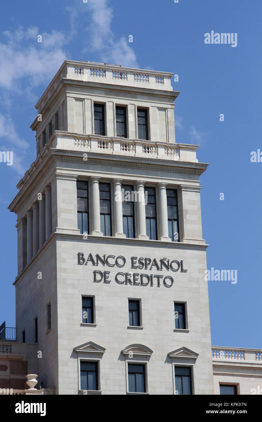 Banesto spagnolo Banca di Credito, Placa de Catalunya, Barcelona, Spagna. Foto Stock