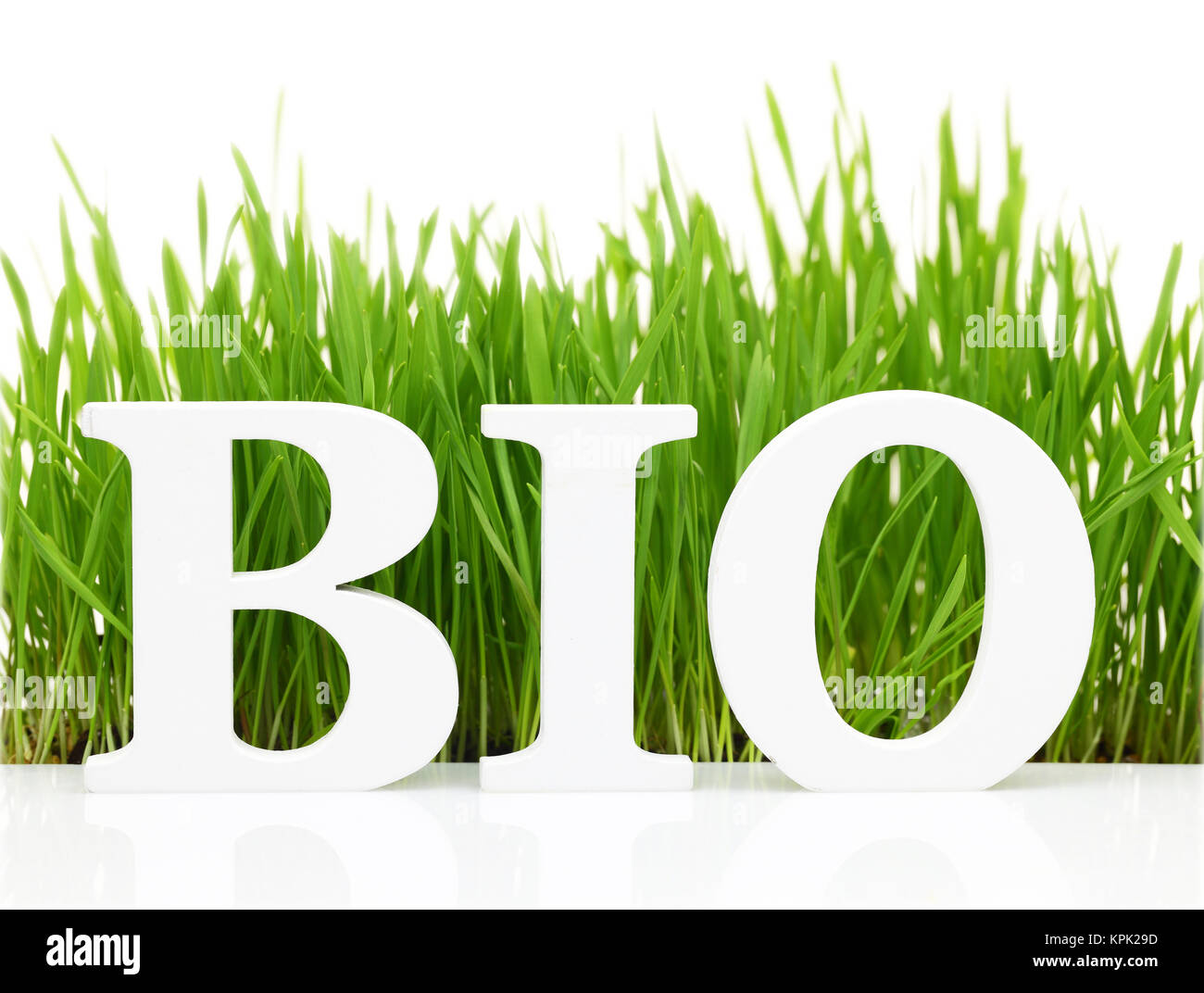 La parola "Bio" con erba fresca isolato su bianco Foto Stock