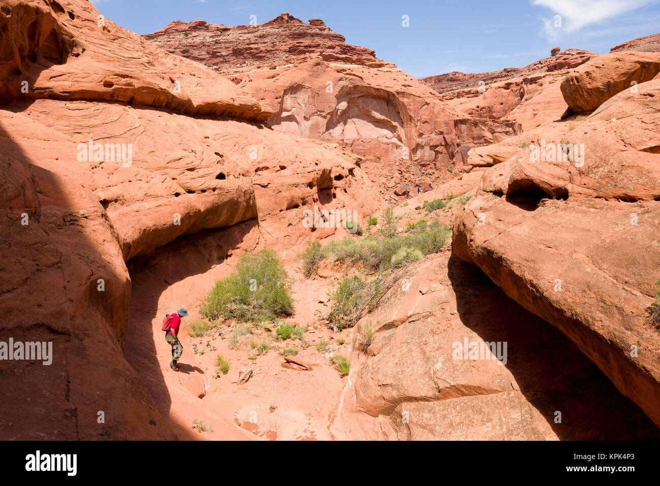 Uomo che attraversa un canyon del deserto con il team in background distanti a piedi un sentiero intorno scogliere di arenaria; Hanksville, Utah, Stati Uniti d'America Foto Stock