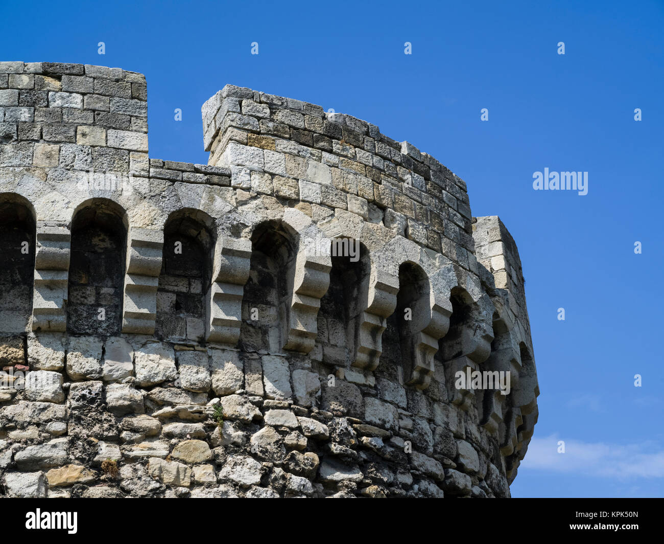 Dettagli architettonici di una torre rotonda sulla Fortezza di Belgrado; Belgrado e Vojvodina, Serbia Foto Stock