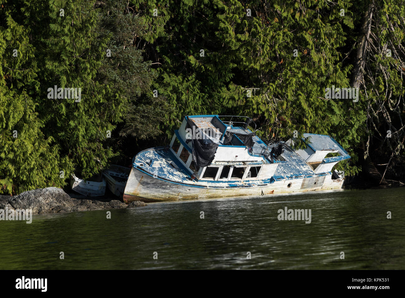 Una barca naufragò lungo le rive di Clayoquot Sound, Isola di Vancouver, British Columbia, Canada Foto Stock