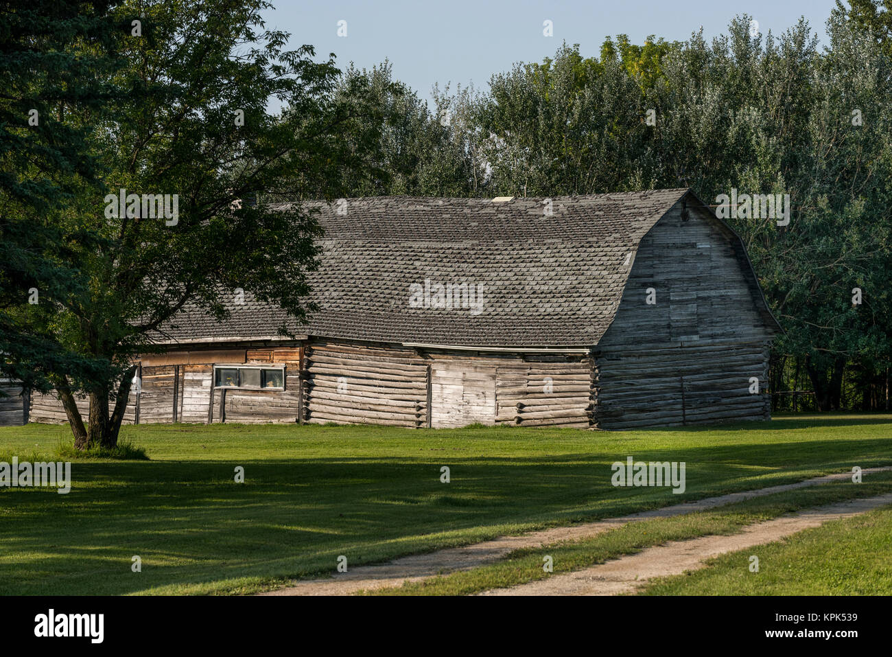 Un log fienile con pareti pendente e un tetto spiovente; Manitoba, Canada Foto Stock