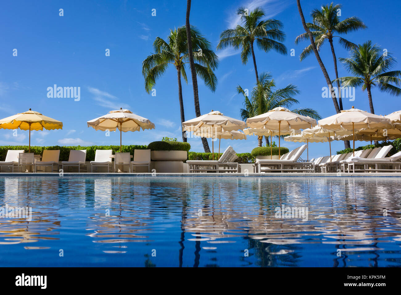 Piscina Halekalani a Waikiki con palme e ombrelloni riflessa nell'acqua; Waikiki Oahu, Hawaii, Stati Uniti d'America Foto Stock
