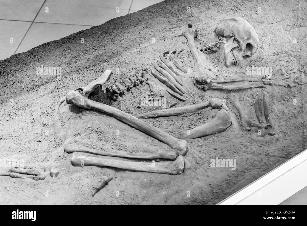 Uno scheletro di resti umani a Lepenski Vir, Mesolitico un sito archeologico; la Serbia Foto Stock