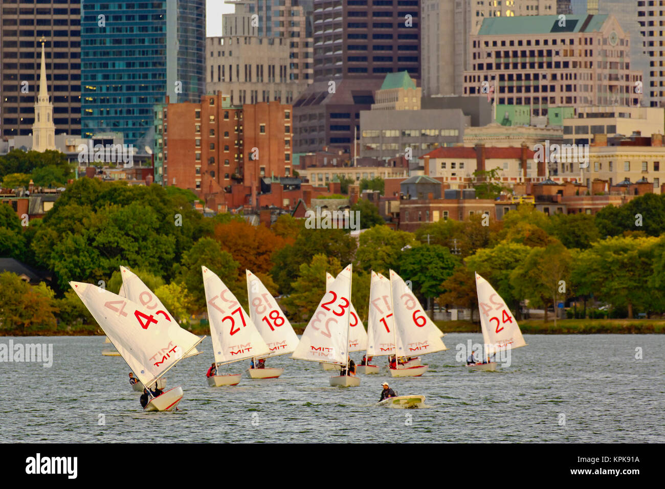 MIT sailing team la pratica in Charles River con Boston, Massachusetts in background Foto Stock
