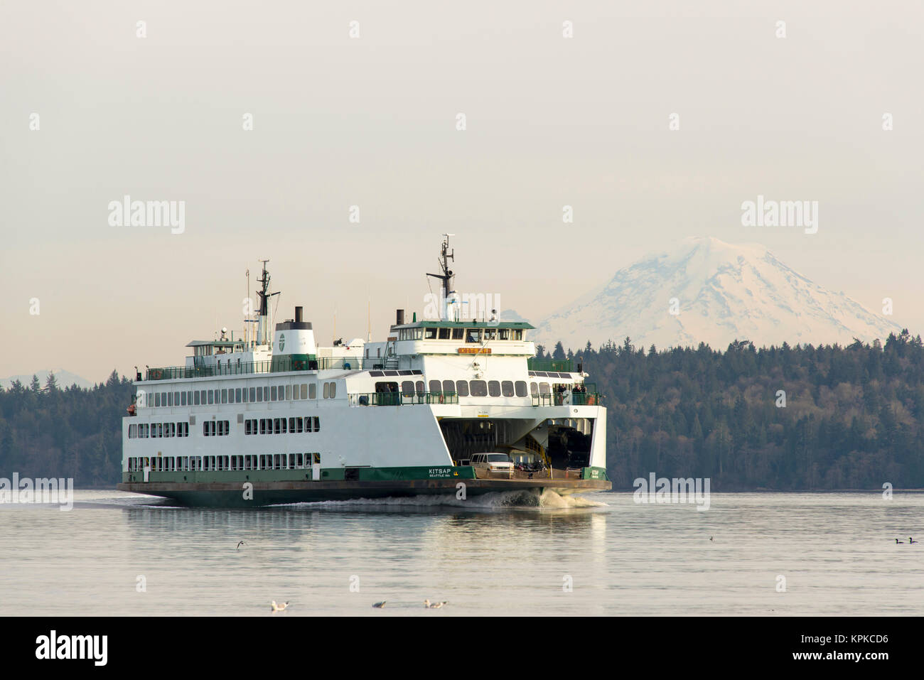 Stati Uniti d'America, nello Stato di Washington, Seattle-Bremerton traghetto passa di fronte al Monte Rainier Foto Stock