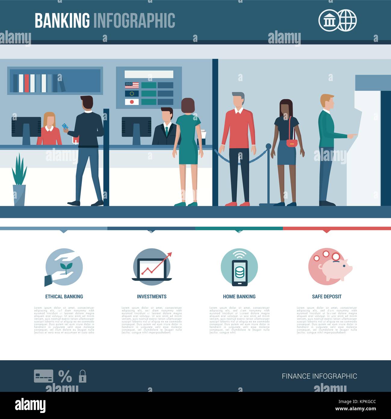 Servizi bancari e finanziari e il personale di front desk infografico concetto con icone e spazio di copia Illustrazione Vettoriale