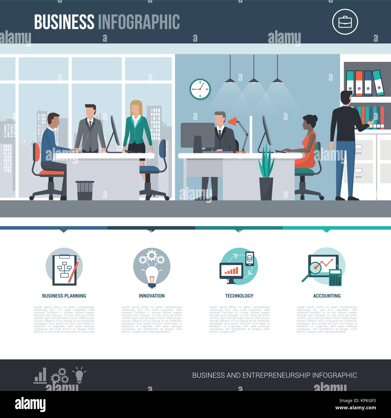 I servizi finanziari di business e management infografico concetto con icone e spazio di copia Illustrazione Vettoriale
