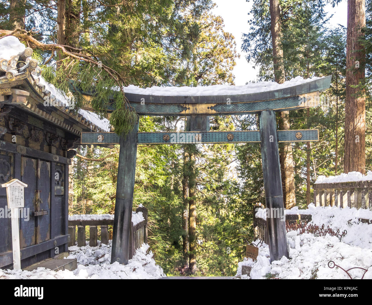Torii gate nel Santuario di Toshogu coperte da neve, Nikko, Giappone Foto Stock