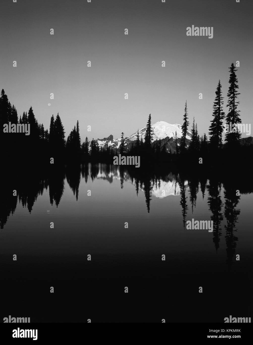 Stati Uniti d'America, nello Stato di Washington, il Parco Nazionale del Monte Rainier, il Monte Rainier e luna piena riflettendo in alto lago Tipsoo all'alba (formato di grandi dimensioni disponibili) Foto Stock