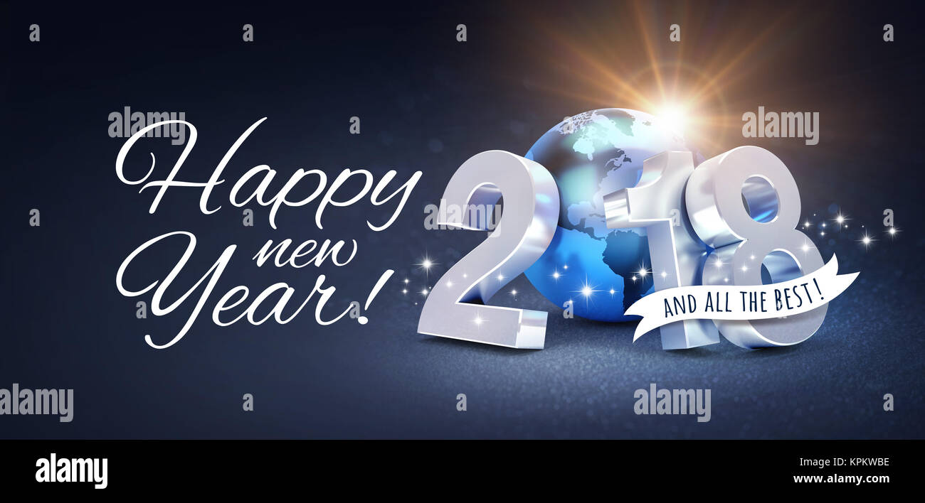 Nuova data dell'anno 2018 composto con un blu del pianeta Terra e saluti, su una festosa sfondo nero - 3D illustrazione Foto Stock