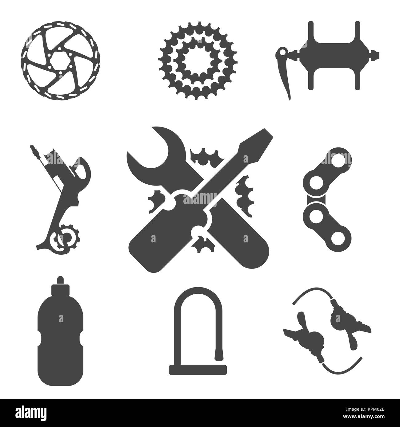 Parti della bici, accessori, la riparazione e la manutenzione Silhouette  Icon Set. Disco freno, cassetta, mozzo, il deragliatore posteriore, catena,  bottiglia, serratura e Shifter Foto stock - Alamy