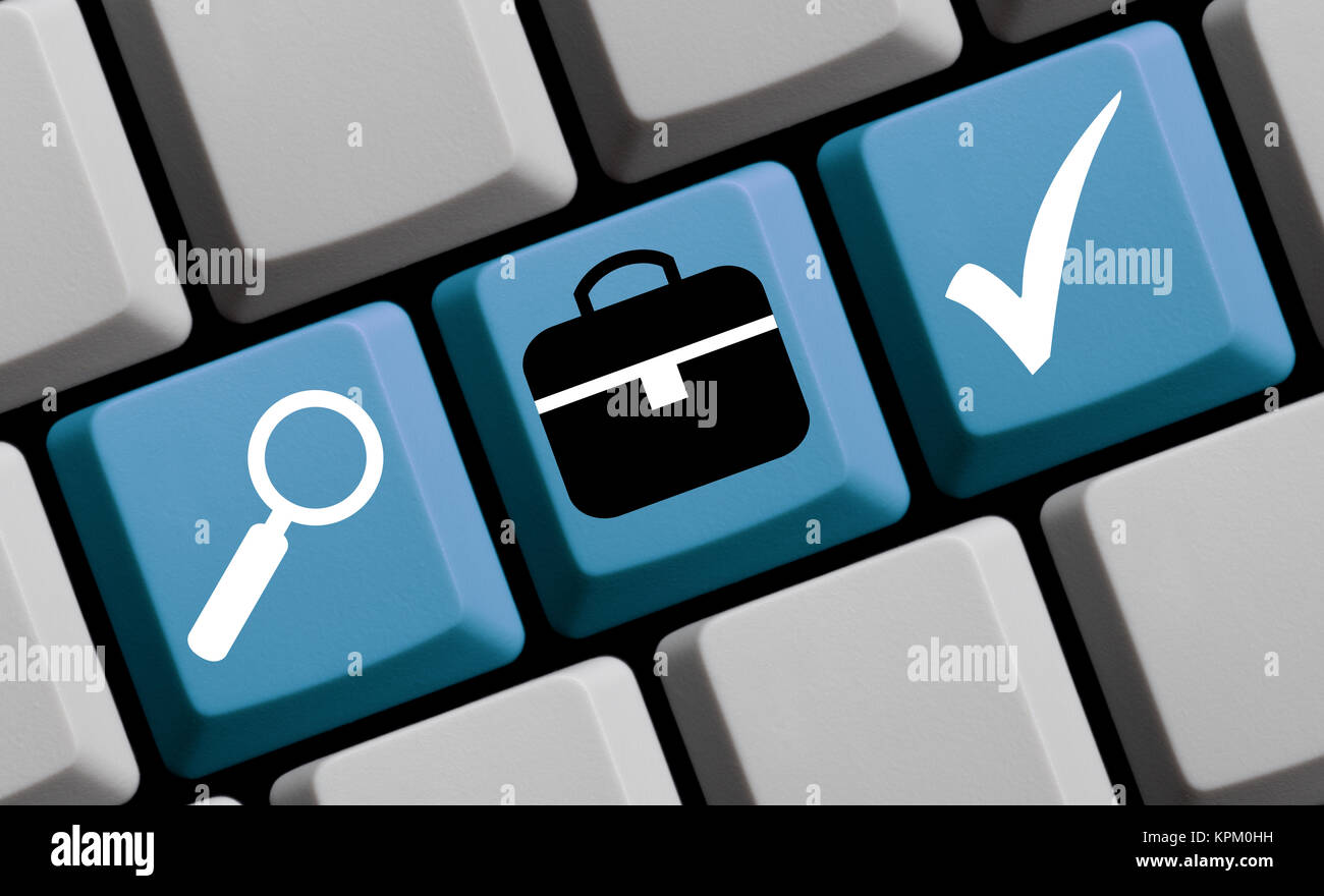 Simboli auf blauer Computer Tastatur: Suche nach neuem Job Foto Stock