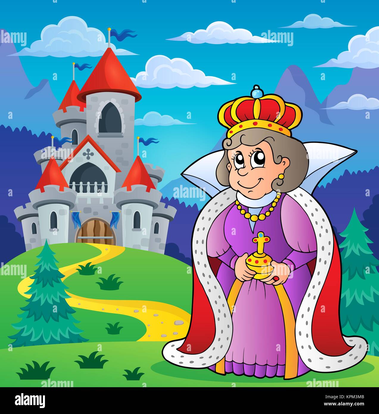 Felice regina vicino a Castle Theme 2 Foto Stock