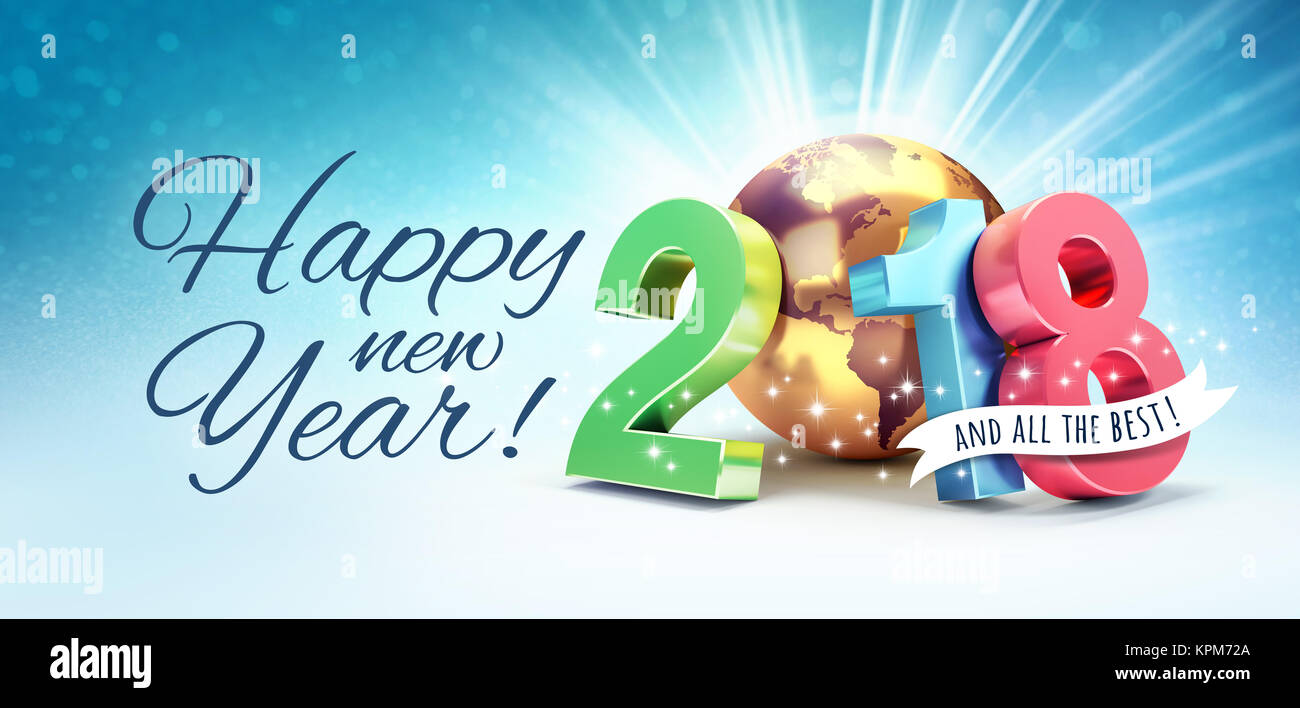 Saluti e colorato nuovo data dell'anno 2018, composto con un oro il pianeta terra, su un lucido sfondo blu - 3D illustrazione Foto Stock