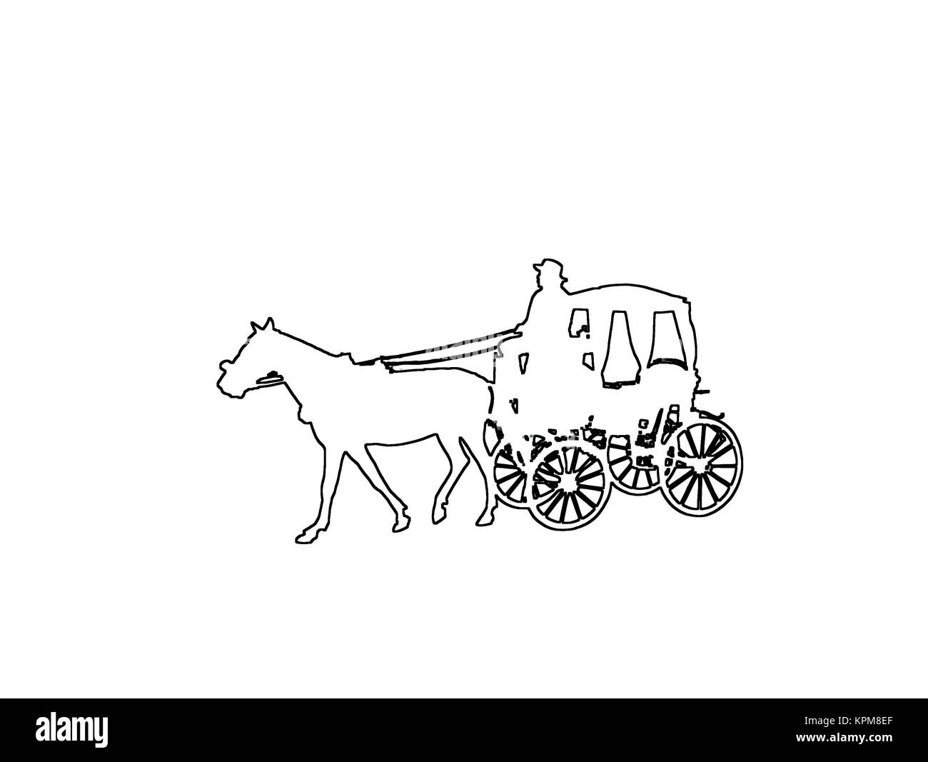 Sagome di vecchio cavallo e carrozza su giallo dorato astratta illustrazione dello sfondo. Foto Stock