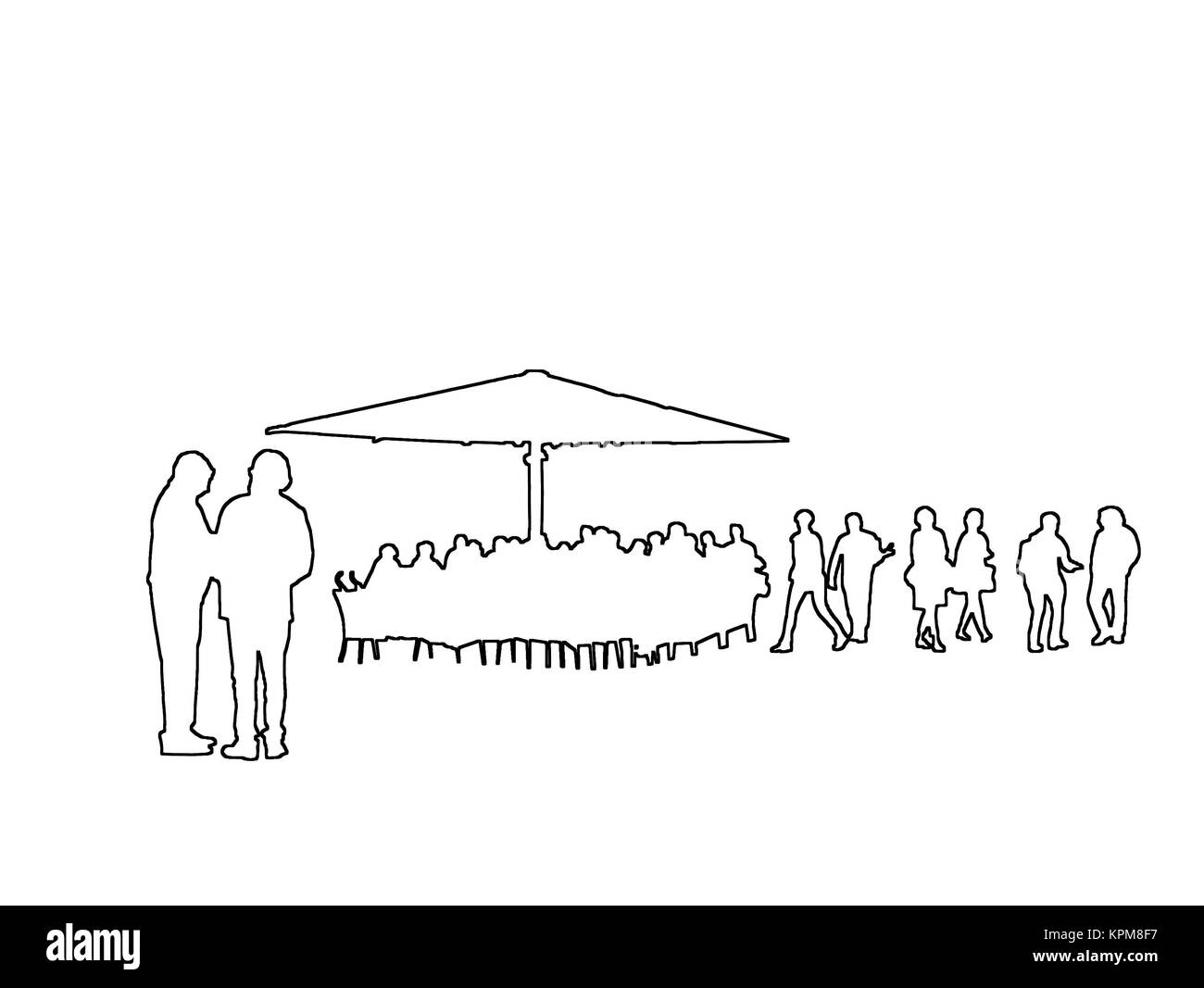 Sagome di persone nella città di parlare e seduti in un caffè al giallo dorato astratta illustrazione dello sfondo. Foto Stock