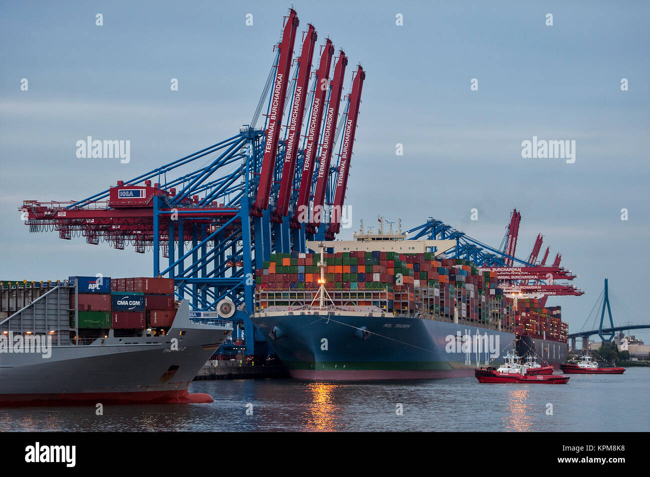 Amburgo, uno dei più belli e più popolari destinazioni turistiche in tutto il mondo. Terminale per container Burchardkai con navi container Foto Stock
