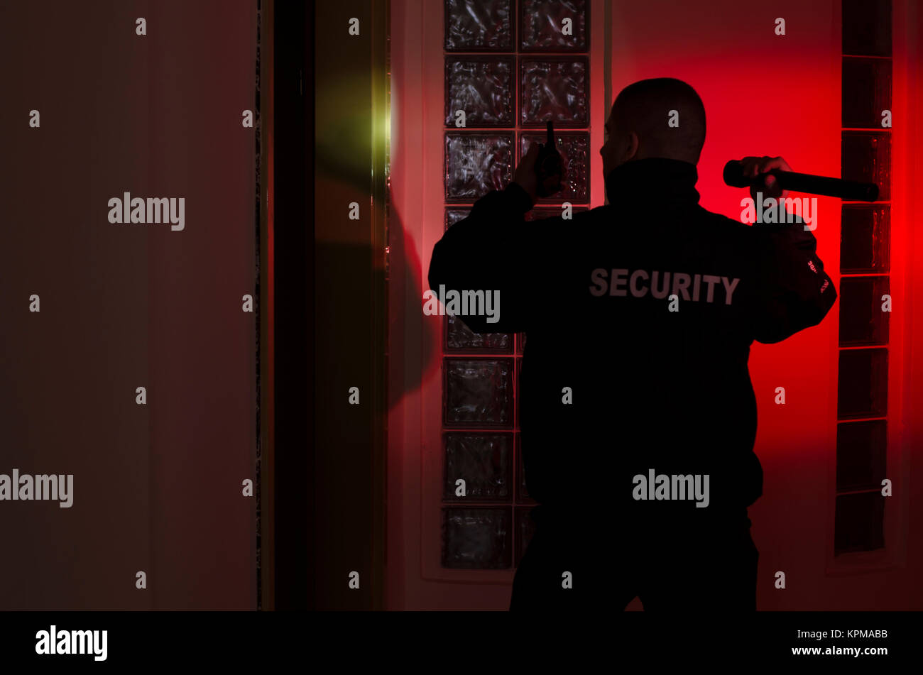 Uomo di sicurezza, controlli nel buio con la torcia elettrica Foto Stock