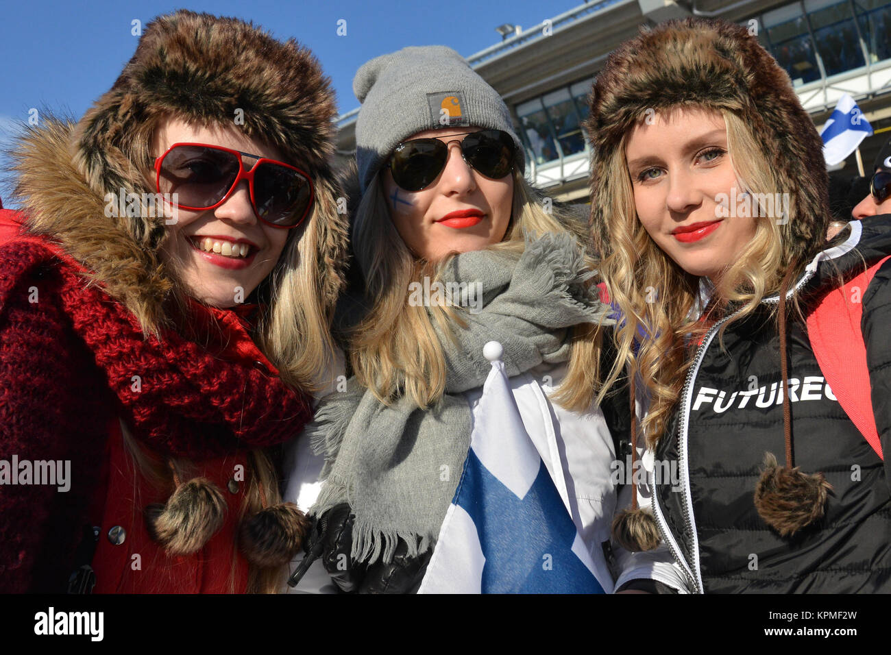 Fan finlandesi al 2017 del Mondo Sci Nordico i campionati di Lahti, Finlandia. Ski stadium, Lahti, Finlandia Foto Stock