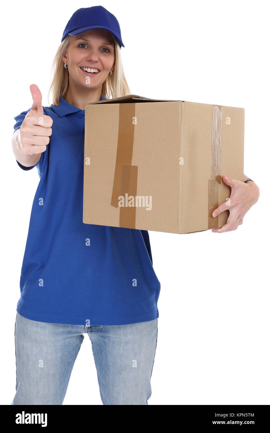Paketversand donna consegna postale forniscono la consegna di pacchi parcel service professional Thumbs up cut Foto Stock