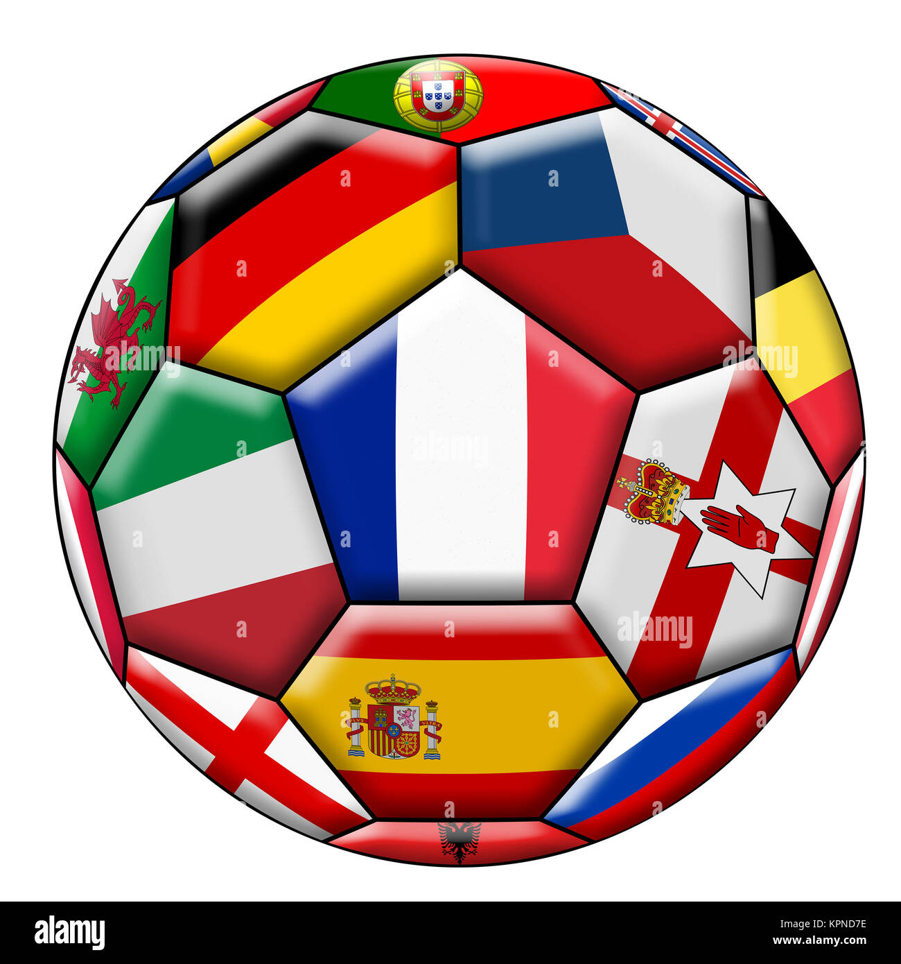 Pallone da calcio con vari flag Foto Stock