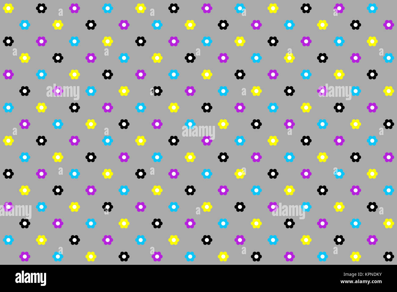 Grauer Hintergrund mit Blütenmuster gelb schwarz blau rosa Foto Stock