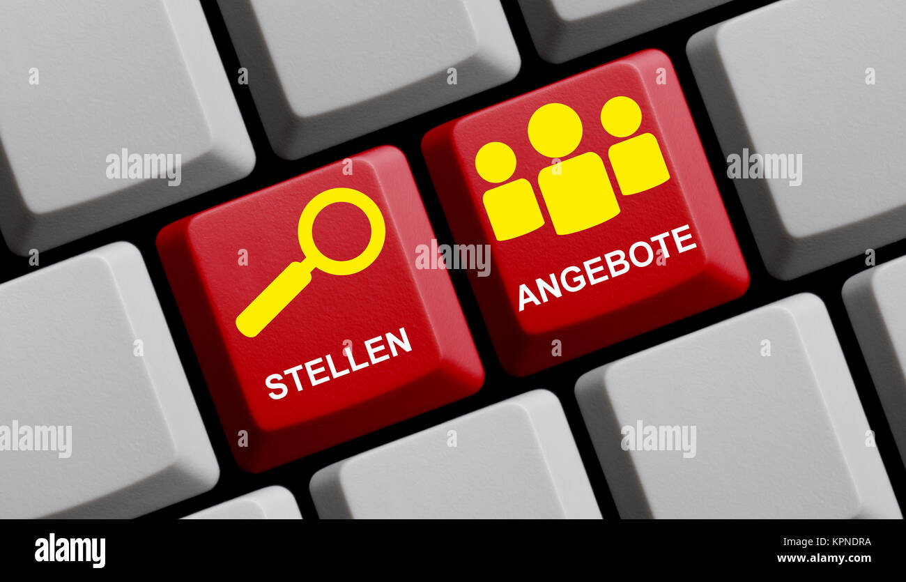 Rote Tastatur mit Symbolen zeigt Stellenangebote online Foto Stock