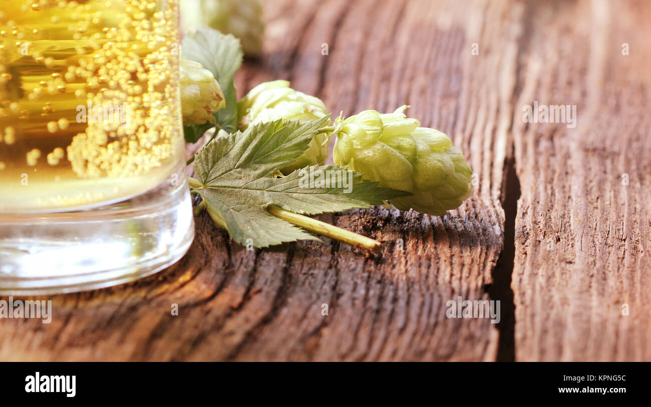 Bicchiere da birra e luppolo su sfondo di legno Foto Stock