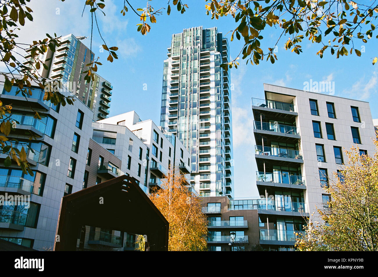 Nuovo appartamento moderni edifici che si affacciano Woodberry Zone Umide riserva naturale, Stoke Newington, North London REGNO UNITO Foto Stock