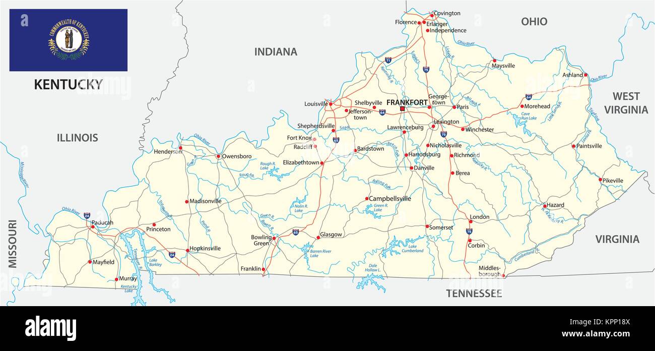 Kentucky road mappa vettoriale con bandiera Illustrazione Vettoriale
