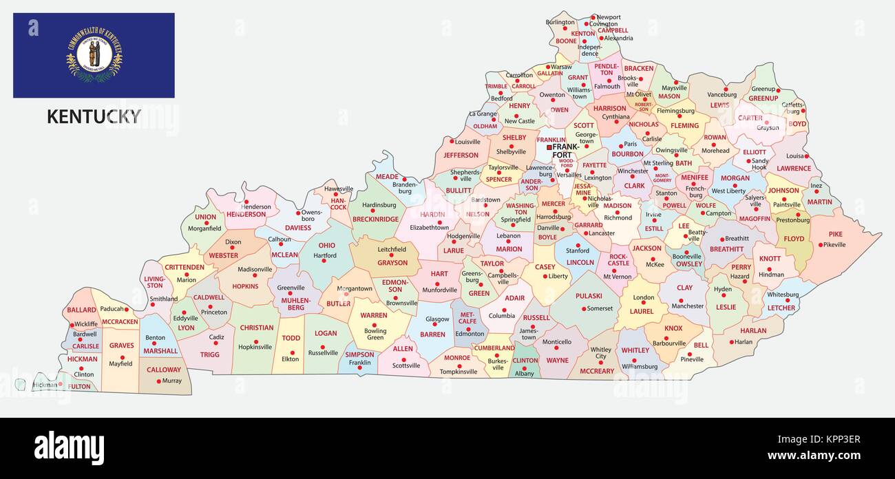 Kentucky politica e amministrativa di mappa vettoriale con bandiera Illustrazione Vettoriale
