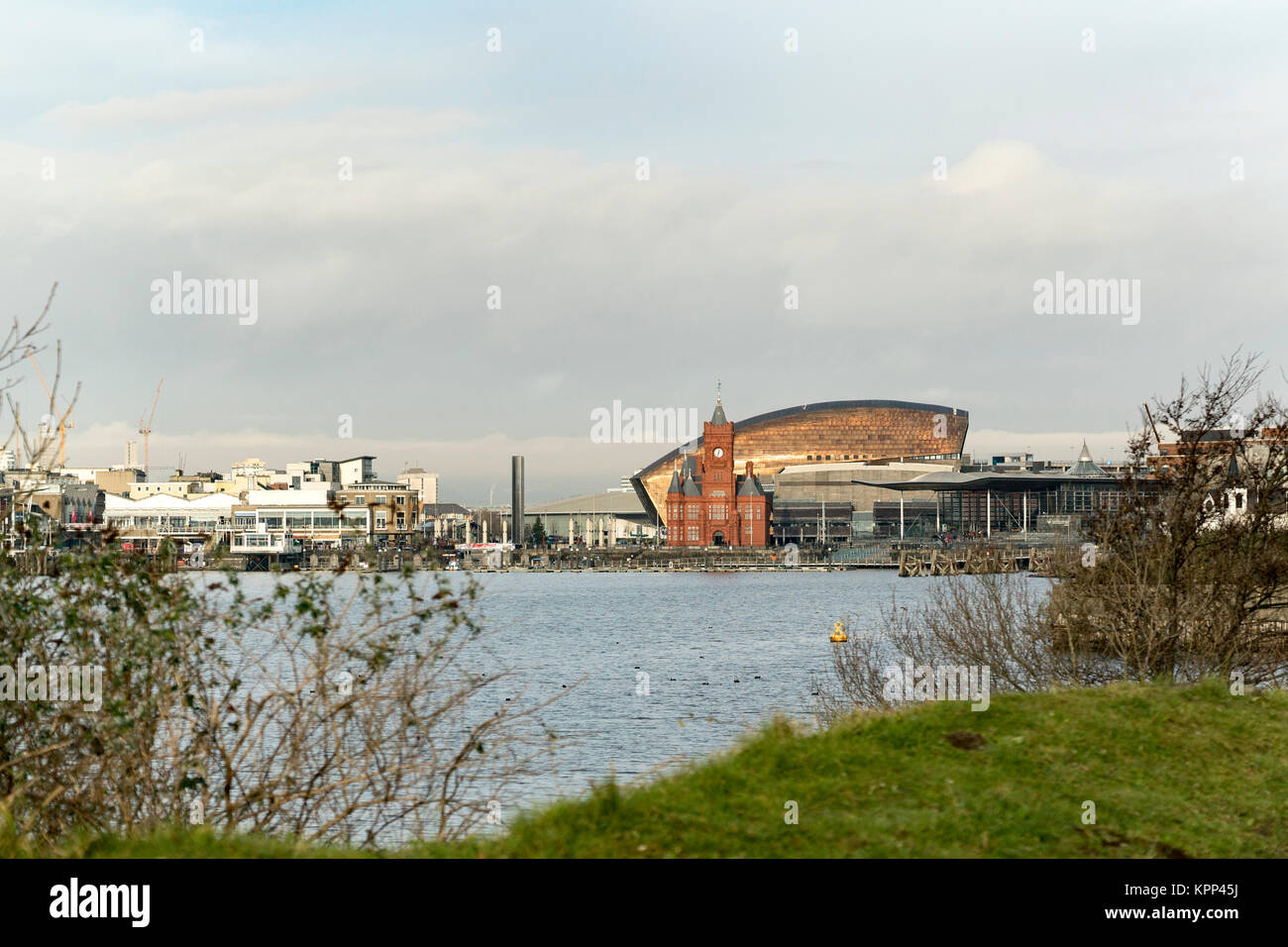 La Baia di Cardiff e la laguna di marea, Cardiff Wales, Regno Unito Foto Stock