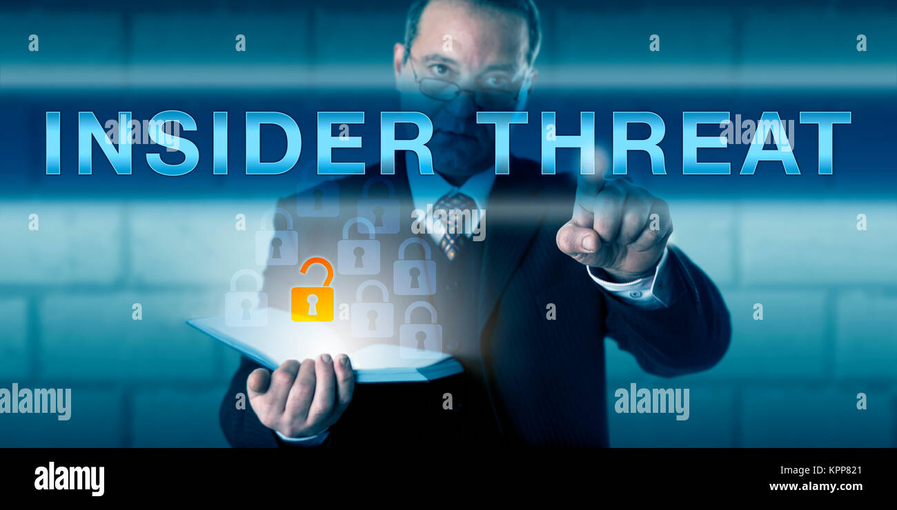 Collare bianco dipendente premendo Insider Threat Foto Stock