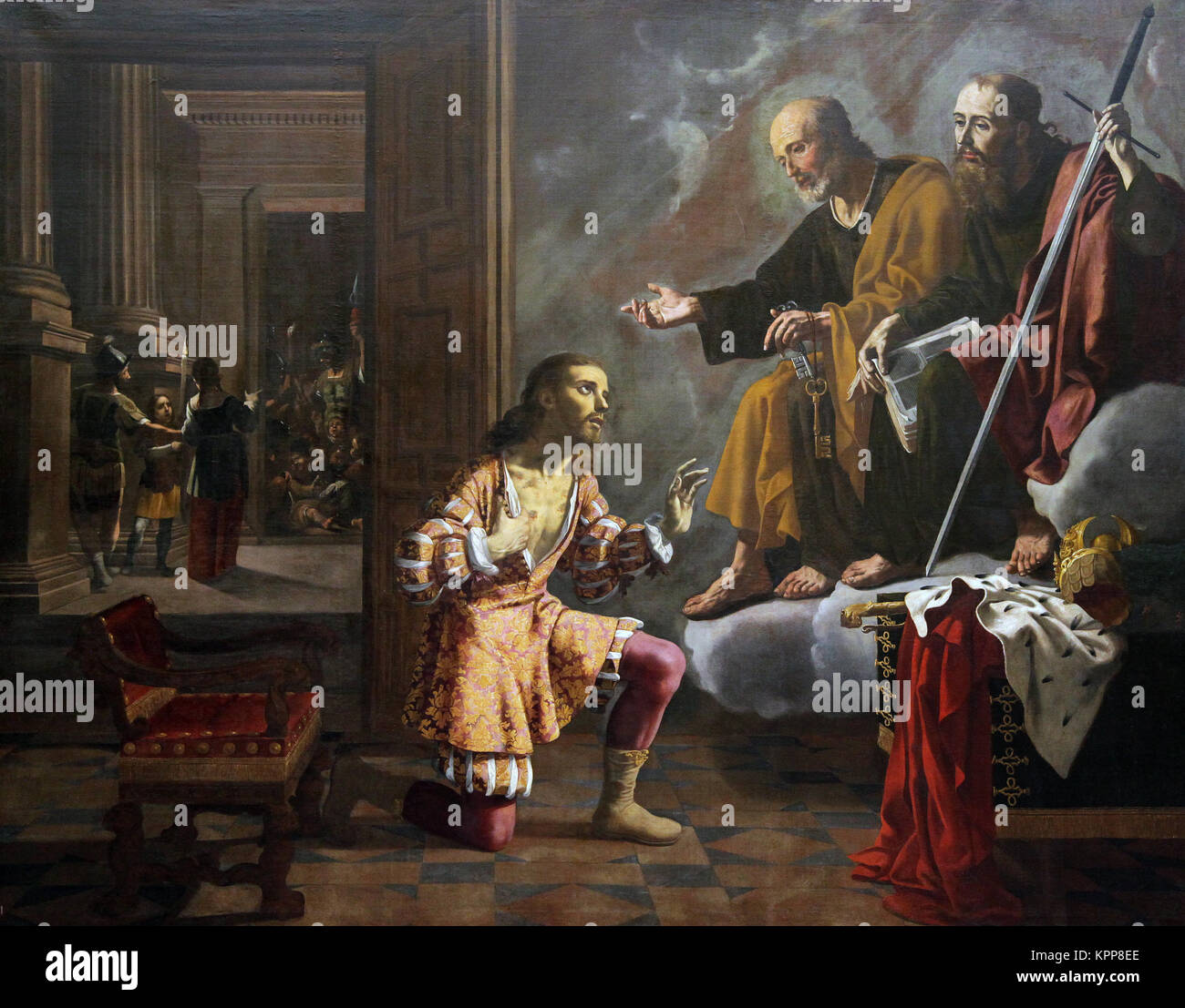 Apparizione di San Pietro e di San Paolo a imperatore Costantino da Jerónimo Jacinto de Espinosa (1600-1667) pittore spagnolo attivo in Valencia Foto Stock