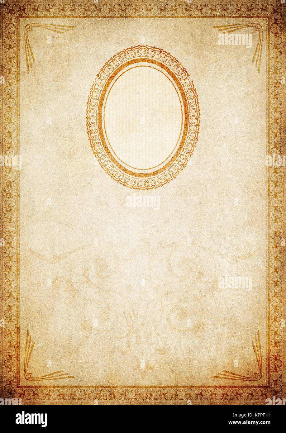 Invecchiamento della carta con sfondo decorativo cornice ovale e un vecchio stile cornice decorativa. Foto Stock