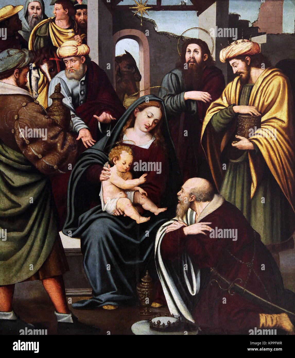 Epifania / Epifania di Vicente Juan Masip aka Joan de Joanes (1507 - 1579) un pittore spagnolo del Rinascimento Foto Stock