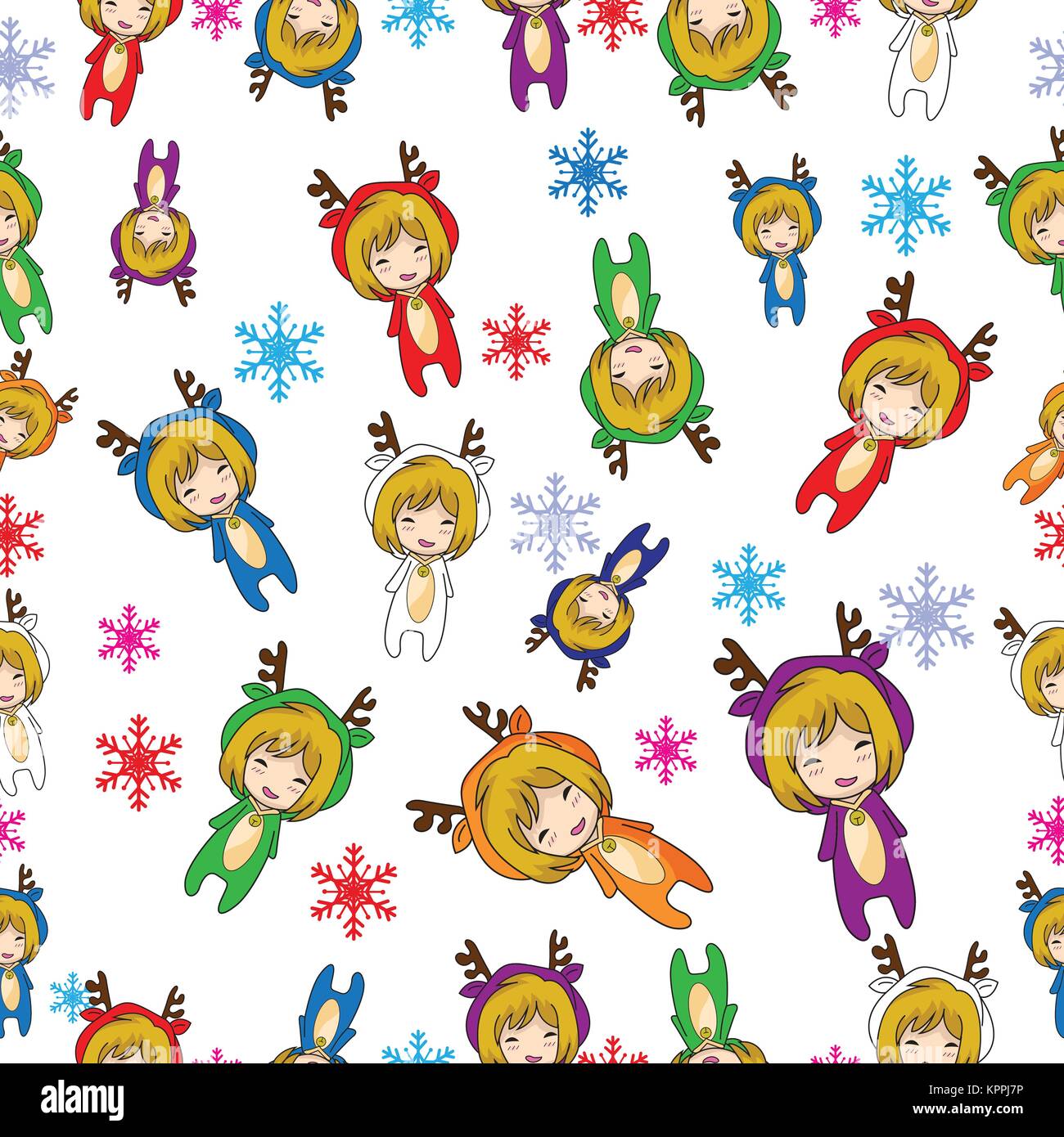 Seamless Pattern vettore Cartoon Merry Christmas Girl character design mascotte deer Illustrazione Vettoriale