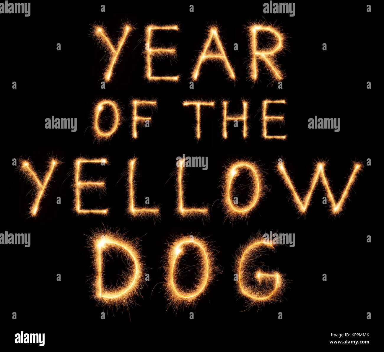 Anno di Yellow Dog lettering disegnato con brillantini bengali isolati su sfondo nero Foto Stock